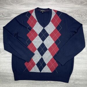 Banana Republic Sweater Mens XL Navy Argyle Merino Wool Blend V Neck Grandpa